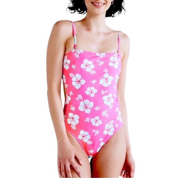 Pink Hibiscus Cut-Out One Piece Swimsuit Juniors Size Large 11-12 Never Worn - Picture 2 of 10